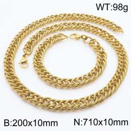 10mm Hammer Pattern Chain & Link Jewelry Set for Men Stainless Steel Gold 20cm Bracelet 71cm Necklace Set