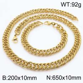 10mm Hammer Pattern Chain & Link Jewelry Set for Men Stainless Steel Gold 20cm Bracelet 65cm Necklace Set