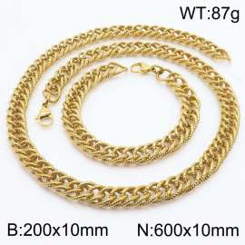 10mm Hammer Pattern Chain & Link Jewelry Set for Men Stainless Steel Gold 20cm Bracelet 60cm Necklace Set