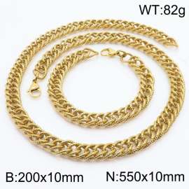 10mm Hammer Pattern Chain & Link Jewelry Set for Men Stainless Steel Gold 20cm Bracelet 55cm Necklace Set