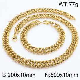 10mm Hammer Pattern Chain & Link Jewelry Set for Men Stainless Steel Gold 20cm Bracelet 50cm Necklace Set