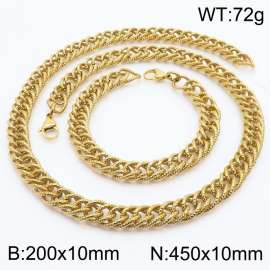 10mm Hammer Pattern Chain & Link Jewelry Set for Men Stainless Steel Gold 20cm Bracelet 45cm Necklace Set