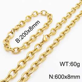 8mm gold embossed steel color men's Korean stainless steel bracelet necklace set