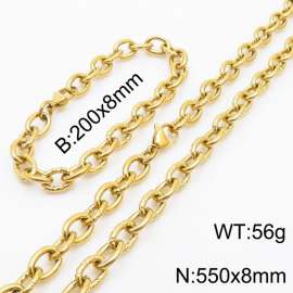 8mm gold embossed steel color men's Korean stainless steel bracelet necklace set