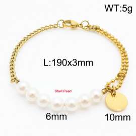 Stainless steel mixed chain connection 6mm white pearl handmade beaded circular logo pendant with lobster clasp fashionable gold bracelet