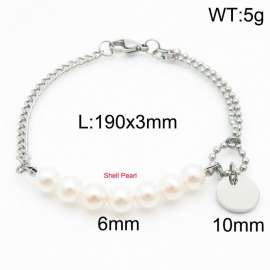 Stainless steel mixed chain connection 6mm white pearl handmade beaded circular logo pendant with lobster clasp fashionable silver bracelet