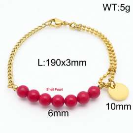 Stainless steel mixed chain connection 6mm red handmade beaded circular logo pendant with lobster clasp fashion gold bracelet