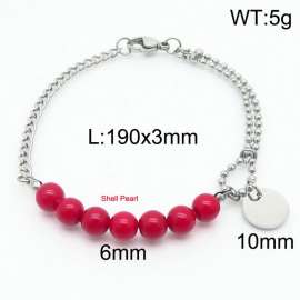 Stainless steel mixed chain connection 6mm red handmade beaded circular logo pendant with lobster clasp fashion silver bracelet