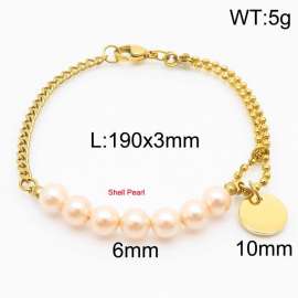 Stainless steel mixed chain connection 6mm pink pearl handmade beaded circular logo pendant lobster clasp fashionable gold bracelet