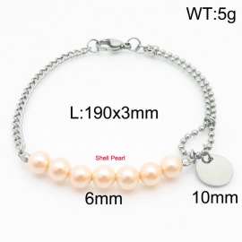 Stainless steel mixed chain connection 6mm pink pearl handmade beaded circular logo pendant lobster clasp fashionable silver bracelet