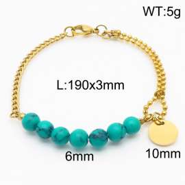 Stainless steel mixed chain connection 6mm cyan agate handmade beaded circular logo pendant with lobster clasp fashion gold bracelet