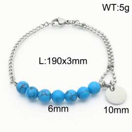 Stainless steel mixed chain connection 6mm blue agate handmade beaded circular logo pendant with lobster clasp fashionable silver bracelet