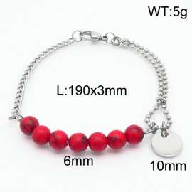 Stainless steel mixed chain connection 6mm red agate handmade beaded circular logo pendant with lobster clasp fashionable silver bracelet