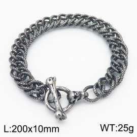 Fashion 200×10mm Embossed Double Layer Thick Chain Skull Head Ancient Silver OT Buckle Temperament Retro Boiled Black Bracelet