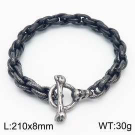 Fashion 210×8mm Embossed Twisted Chain Skull Head Ancient Silver OT Buckle Style Retro Black Bracelet