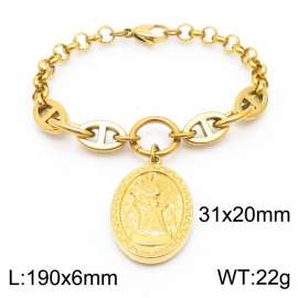 Fashion stainless steel 190×6mm Mixed Splice Chain Hanging Mother and Child Female Statue Oval Pendant Charm Gold Bracelet