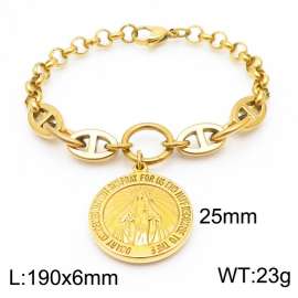 Fashion stainless steel 190×6mm Mixed Splice Chain Hanging Print English Letter Maria Statue Oval Pendant Charm Gold Bracelet