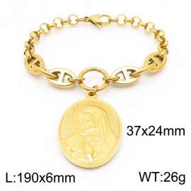 Fashion stainless steel 190×6mm Mixed Splice Chain Embossed Virgin Oval Pendant Charm Gold Bracelet