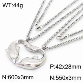 Romantic Stainless Steel Jewelry Set with Double Braid Chain Necklaces&Paired Magnetic Dolphins Pendant