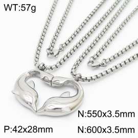 Romantic Stainless Steel Jewelry Set with Double Box Chain Necklaces&Paired Magnetic Dolphins Pendant