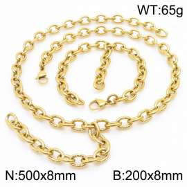 Gold-Plated Stainless Steel Cracked Oval Links Jewelry Set with 500mm Necklace&200mm Bracelet