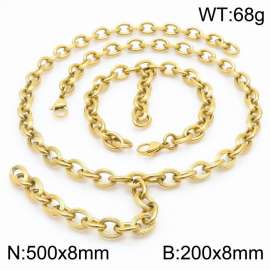 Gold-Plated Stainless Steel Lined Oval Links Jewelry Set with 500mm Necklace&200mm Bracelet