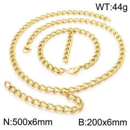 Gold-Plated Stainless Steel Cracked Cuban Links Jewelry Set with 500mm Necklace&200mm Bracelet