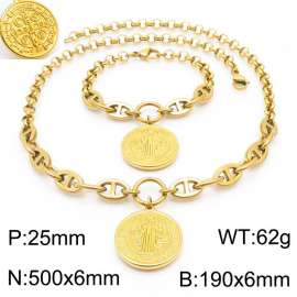 Women Gold-Plated Stainless Steel Christian Saint&Cross Tag Jewelry Set with Double-Style Chain 500mm Necklace&190mm Bracelet
