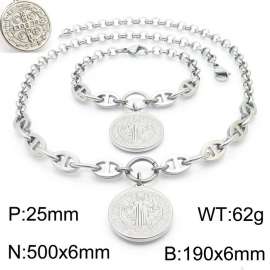 Women Stainless Steel Christian Saint&Cross Tag Jewelry Set with Double-Style Chain 500mm Necklace&190mm Bracelet