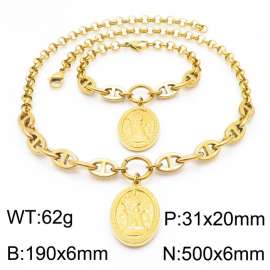 Women Gold-Plated Stainless Steel Christian Scene Tag Jewelry Set with Double-Style Chain 500mm Necklace&190mm Bracelet