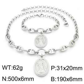 Women Stainless Steel Christian Scene Tag Jewelry Set with Double-Style Chain 500mm Necklace&190mm Bracelet
