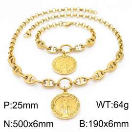 Women Gold-Plated Stainless Steel Christian Goddess Tag Jewelry Set with Double-Style Chain 500mm Necklace&190mm Bracelet