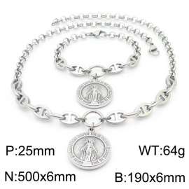 Women Stainless Steel Christian Goddess Tag Jewelry Set with Double-Style Chain 500mm Necklace&190mm Bracelet