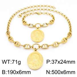 Women Gold-Plated Stainless Steel Virgin Mary Tag Jewelry Set with Double-Style Chain 500mm Necklace&190mm Bracelet