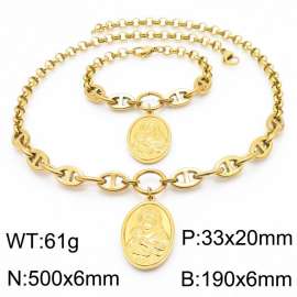 Women Gold-Plated Stainless Steel Madonna Tag Jewelry Set with Double-Style Chain 500mm Necklace&190mm Bracelet