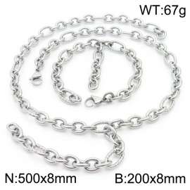 Stainless Steel Cracked&Smooth Oval Links Jewelry Set with 500mm Necklace&200mm Bracelet