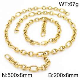 Gold-Plated Stainless Steel Cracked&Smooth Oval Links Jewelry Set with 500mm Necklace&200mm Bracelet