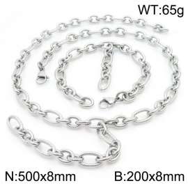 Stainless Steel Striped Oval Links Jewelry Set with 500mm Necklace&200mm Bracelet