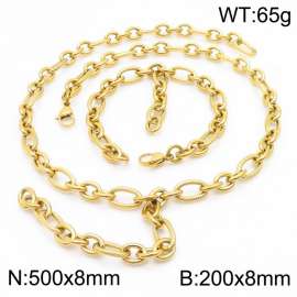 Gold-Plated Stainless Steel Striped Oval Links Jewelry Set with 500mm Necklace&200mm Bracelet