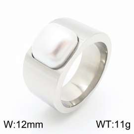 Women Romantic Silver Color Stainless Steel Ring with Inlaid Shell Pearl Charm
