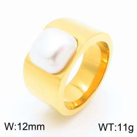 Women Romantic Gold Plated Stainless Steel Ring with Inlaid Shell Pearl Charm