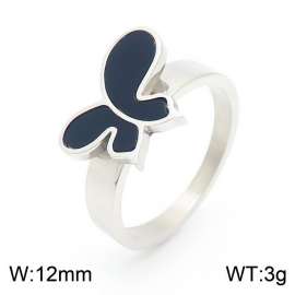 Women Gold Plated Stainless Steel Ring with Black Enamel Comic Butterfly Pattern Charm