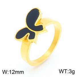 Women Gold Plated Stainless Steel Ring with Black Enamel Comic Butterfly Pattern Charm