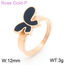 Women Rose Gold Plated Stainless Steel Ring with Black Enamel Comic Butterfly Pattern Charm