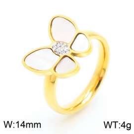 Women Gold Plated Stainless Steel Ring with Clay CZ&Shell Comic Butterfly Pattern Charm