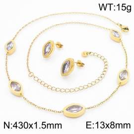 Fashion Versatile Droplet White Glass Titanium Steel Earrings Necklace Two Piece Set