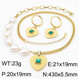 Light Luxury Gold Spliced Heart Shaped Titanium Steel Necklace Heart Earring Set