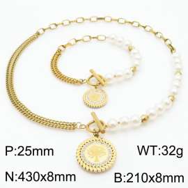 Pearl Splice Chain Golden Life Tree Pendant OT Buckle Titanium Steel Set