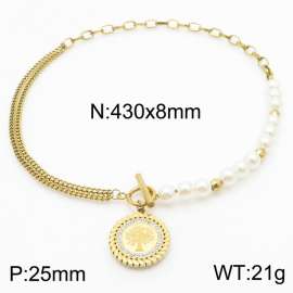 Pearl splicing chain life tree pendant OT buckle titanium steel necklace