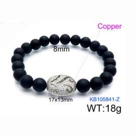Stretchable 8mm Black Matte Onyx Bracelet Silver Plated Copper Charm With Rhinestones